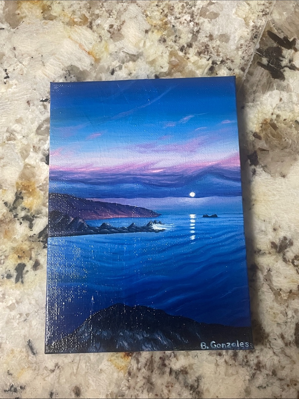 Seascape Sunset Canvas Wall Art. Hand painted and signed 4x6 inches